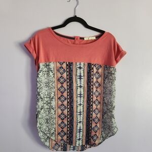 Rewind Coral and Patterned Short Sleeve Top